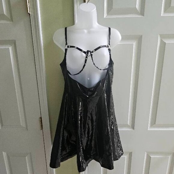 Dolls Kill Horoscopez Black PVC Rhinestone Suspender Skirt Dress Large - Picture 2 of 15